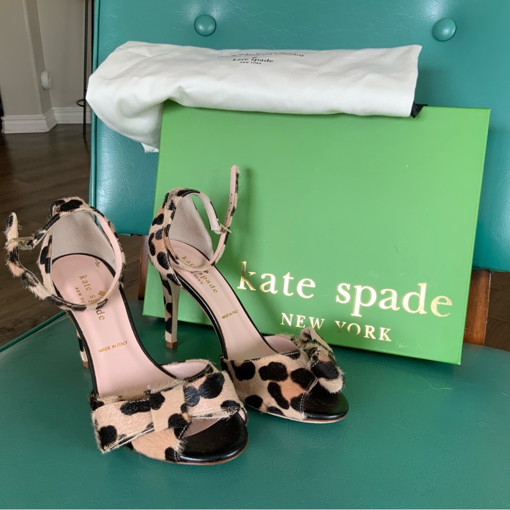 Kate Spade Leopard Print Ankle Strap heels with top bow.